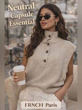 FRNCH Paris Beige Knit Sleeveless Turtleneck Sweater Vest Size M